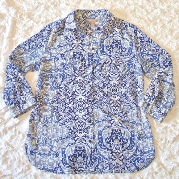 White Stag Tops - WHITE STAG Blue White Floral Pockets Front Button Up Shirt - Small (4-6)